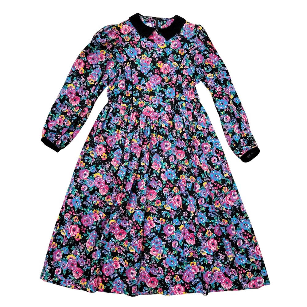 Cary 16 Dress Black Dark Moody Floral Velvet Collar Long Sleeve Modest Church